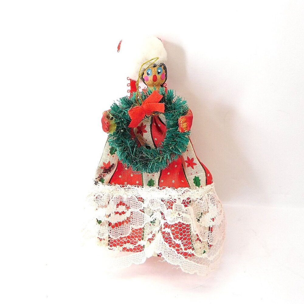 Christmas Clothespin Doll Ornament With Wreath Hand Crafted / Hand Painted 5"